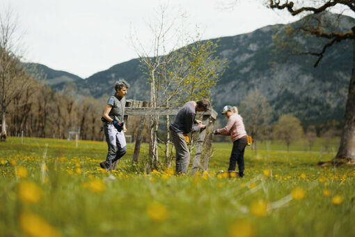 A man repairs a fence at Ahornboden in the Karwendel Nature Park.