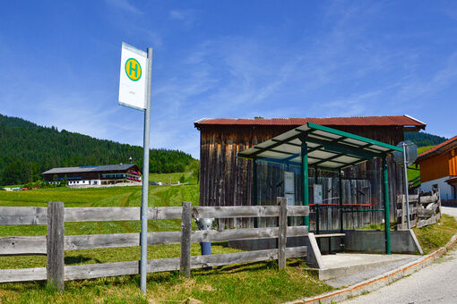 A bus stop in Steinberg am Rofan in summer.