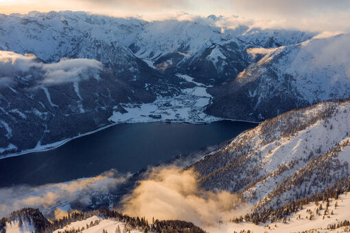 View of the snow-covered village of Pertisau which lies on the western shore of Lake Achensee. 