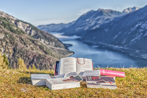 Lesenswerte Bücher der achensee.literatour 2019. Sie wurden am Zwölferkopf in Pertisau mit Blick auf den Achensee fotografiert und speziell für die Veranstaltung in Szene gesetzt.