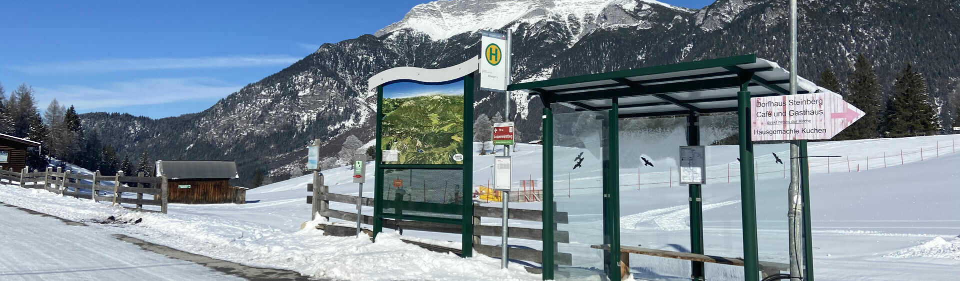 A bus stop in Steinberg am Rofan in winter.